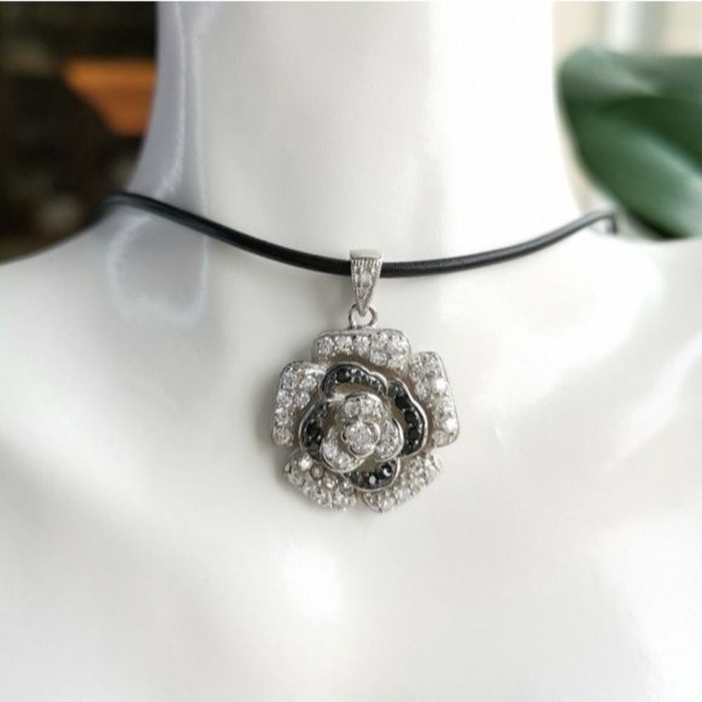 NEW Black Rose sterling Silver CZ black spinel pendant necklace